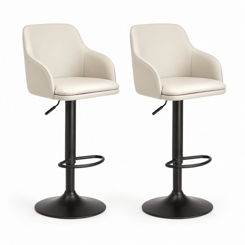 Set 2 Sgabelli da Bar Regolabili Beige in Pelle PU con Base Rotonda Nera 50 x 52 x 88-109 cm