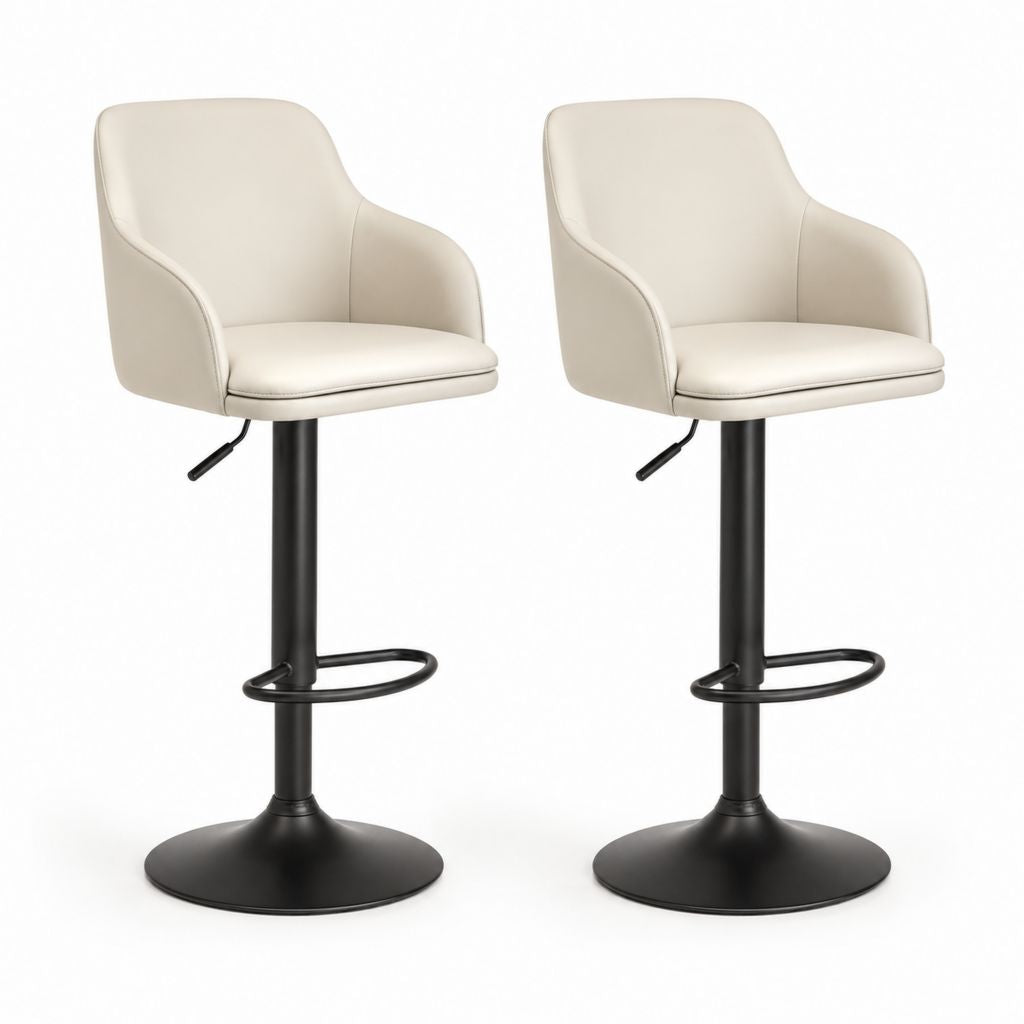 Set 2 Sgabelli da Bar Regolabili Beige in Pelle PU con Base Rotonda Nera 50 x 52 x 88-109 cm