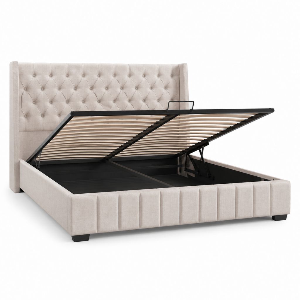 Letto contenitore matrimoniale beige in poliestere con testiera capitonné 160 x 200 cm