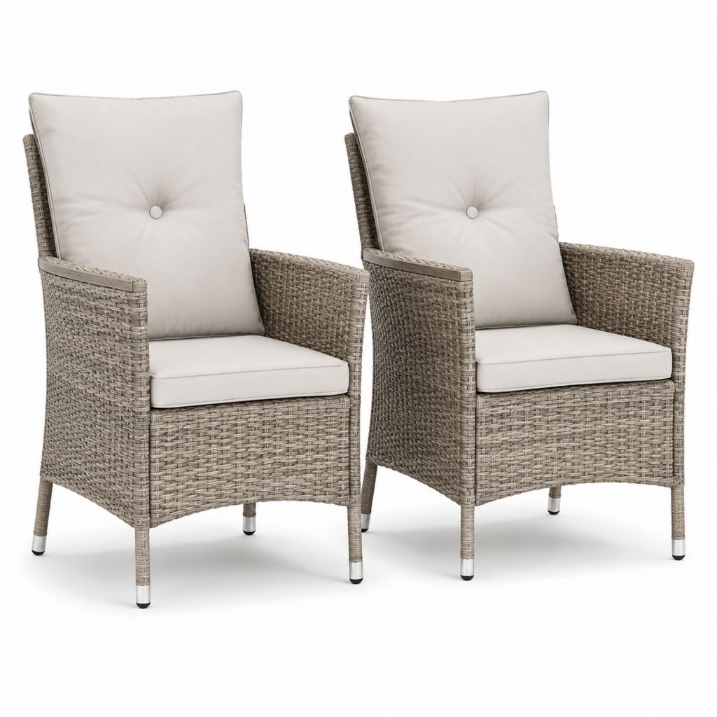 Set 2 poltrone da giardino in rattan PE grigio tortora con cuscini beige 58 x 62 x 88 cm