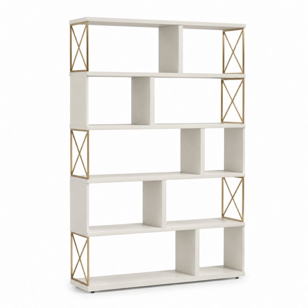 Libreria a giorno bianca e oro in MDF e acciaio 90 x 30 x 180 cm
