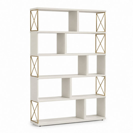 Libreria a giorno bianca e oro in MDF e acciaio 90 x 30 x 180 cm
