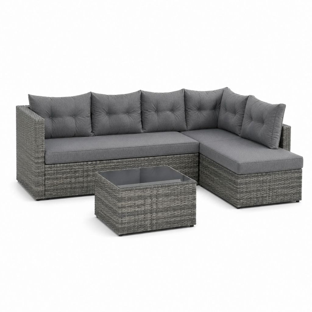 Set divano da giardino angolare 3 posti grigio in rattan PE con tavolino 200 x 140 x 75 cm