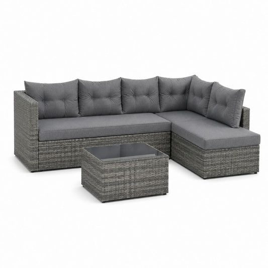 Set divano da giardino angolare 3 posti grigio in rattan PE con tavolino 200 x 140 x 75 cm
