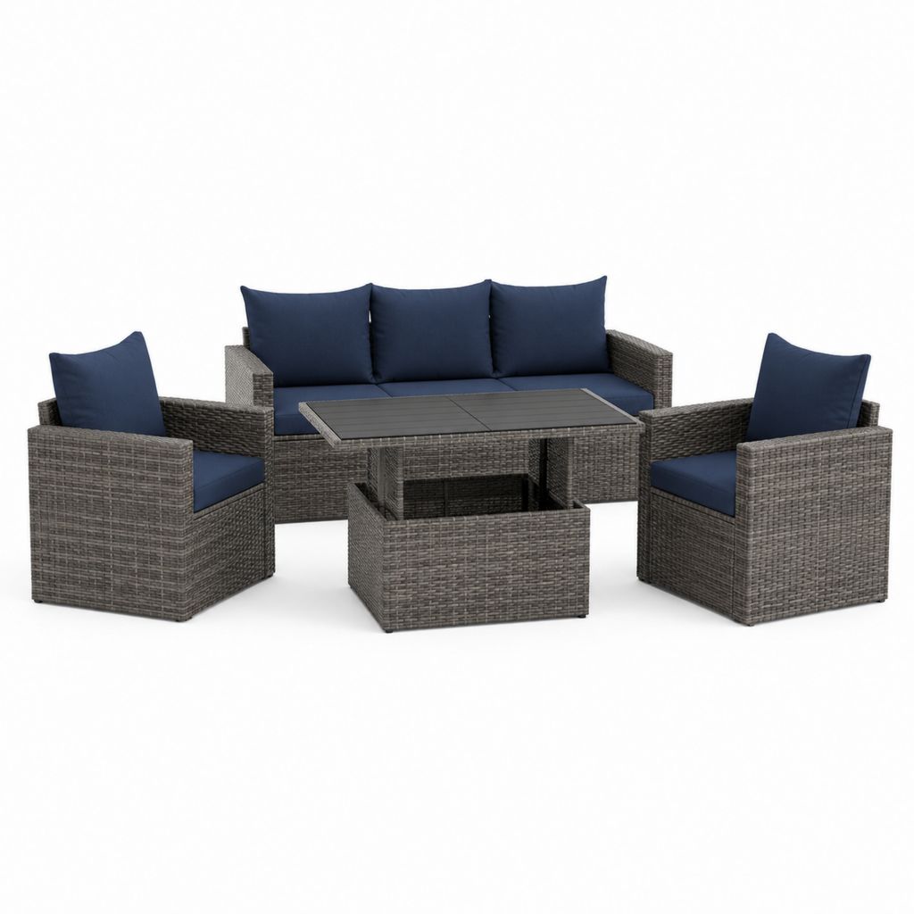 Set divani da giardino 4 pezzi grigio antracite in rattan PE con cuscini blu divano 3 posti 180 x 65 x 66 cm