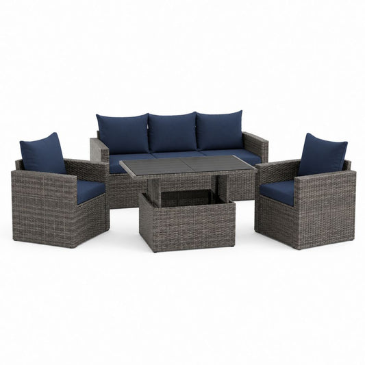 Set divani da giardino 4 pezzi grigio antracite in rattan PE con cuscini blu divano 3 posti 180 x 65 x 66 cm