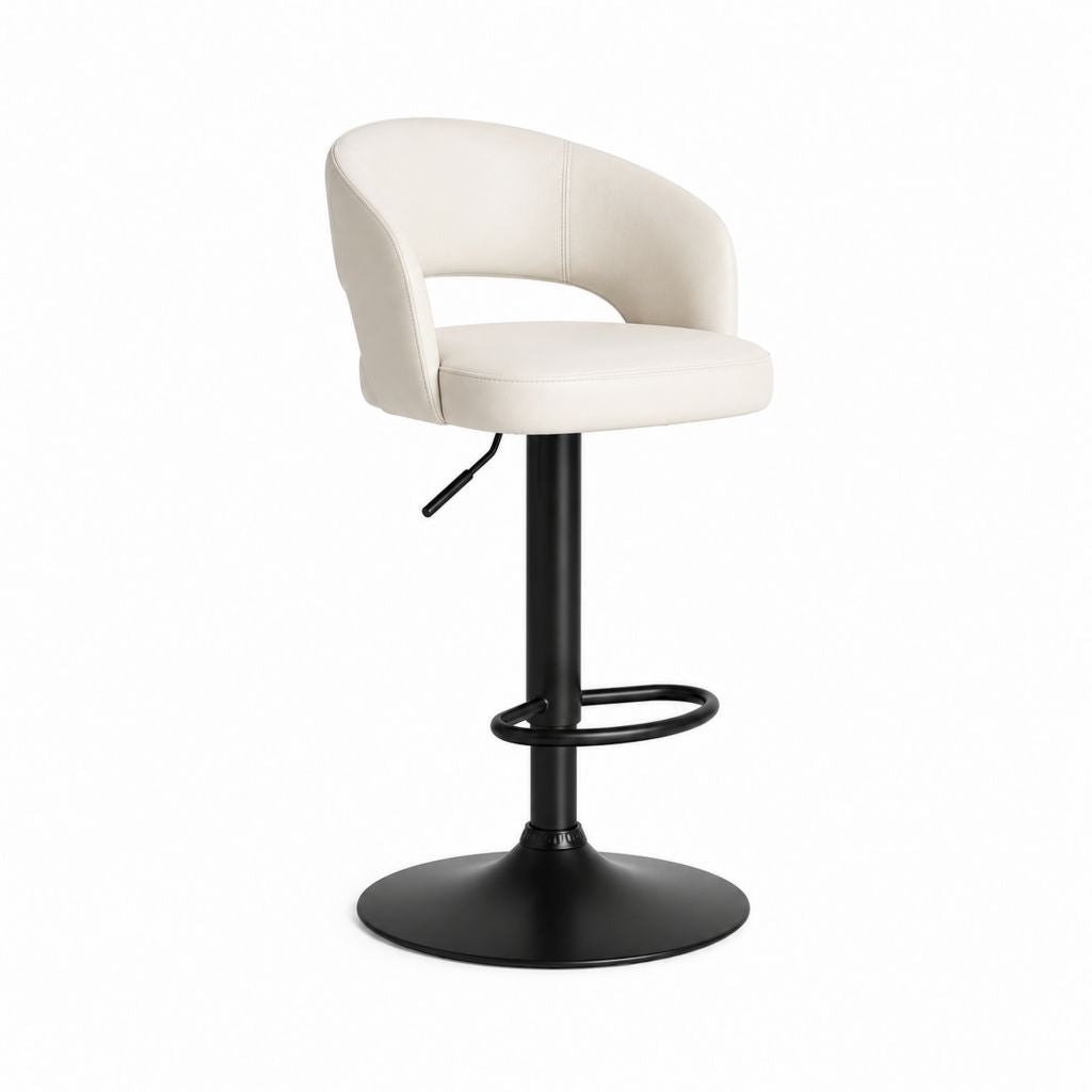 Sgabello da bar regolabile girevole beige in pelle PU con schienale curvo e base rotonda nera 52 x 50 x 88-108 cm