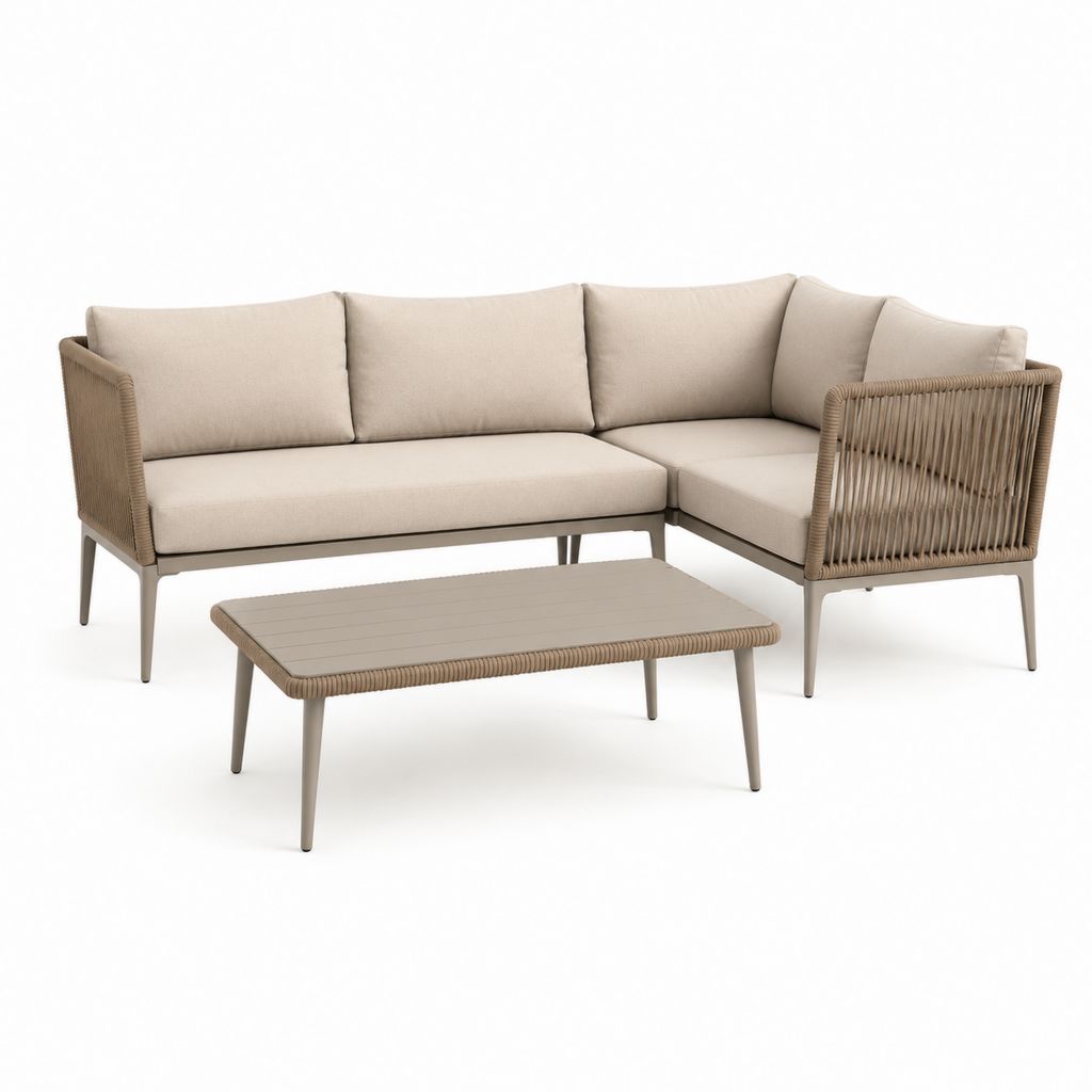 Set divano angolare da giardino con tavolino beige e tortora in alluminio e corda PP 220 x 150 x 75 cm