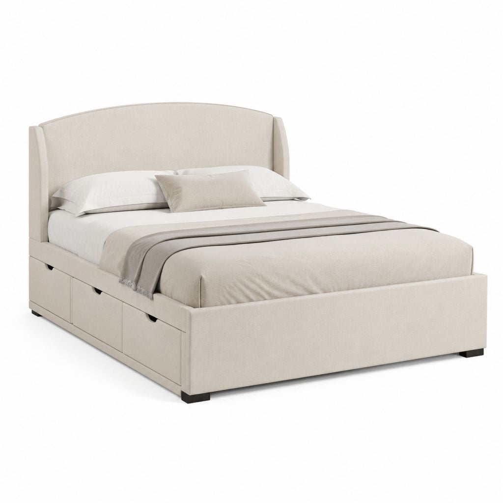 Letto contenitore matrimoniale beige in poliestere con testiera curva e 3 cassetti 160 x 200 cm