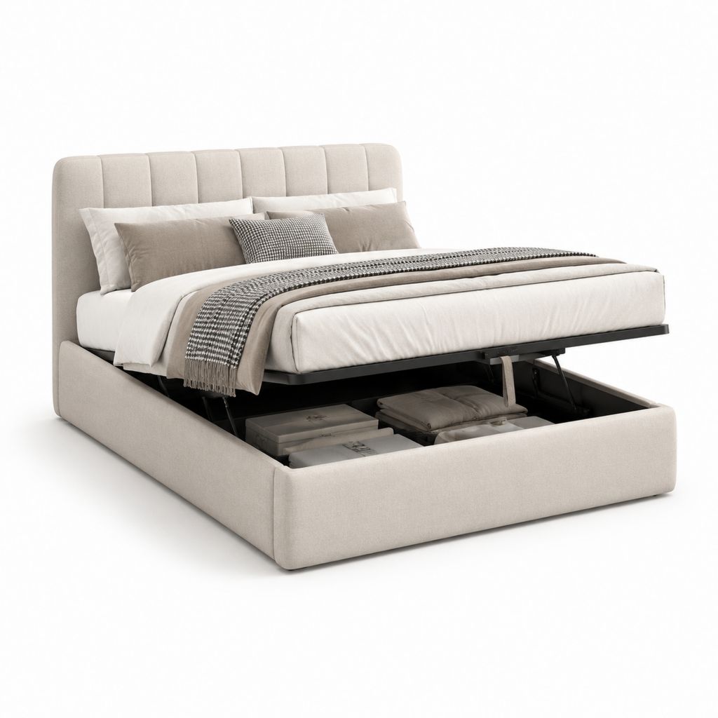 Letto contenitore matrimoniale beige in poliestere con testiera imbottita 160 x 200 cm
