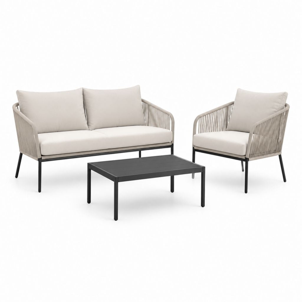 Set divani da giardino 4 pezzi beige e nero in acciaio e corda PP con tavolino 120 x 60 cm
