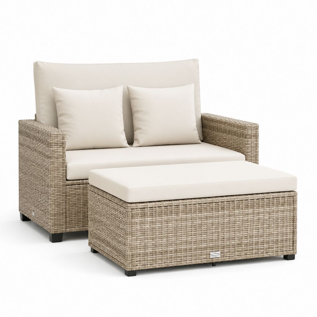 Divano da giardino 2 posti con pouf beige in rattan PE 140 x 85 x 85 cm