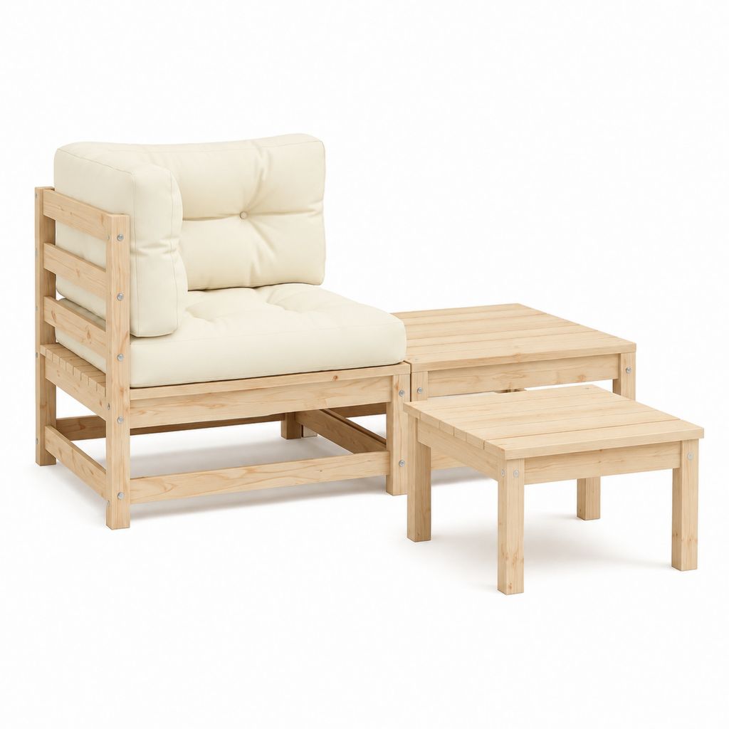 Set da giardino con poltrona tavolino e tavolino basso in pino massello beige 210 x 70 x 70 cm