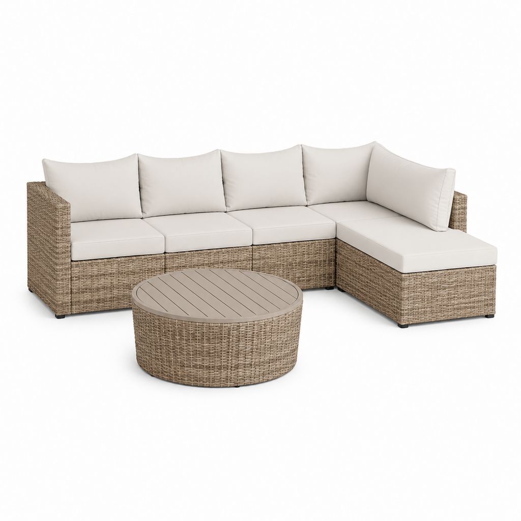 Set divano angolare da giardino 5 pezzi beige in rattan PE con tavolino rotondo 245 x 175 x 65 cm