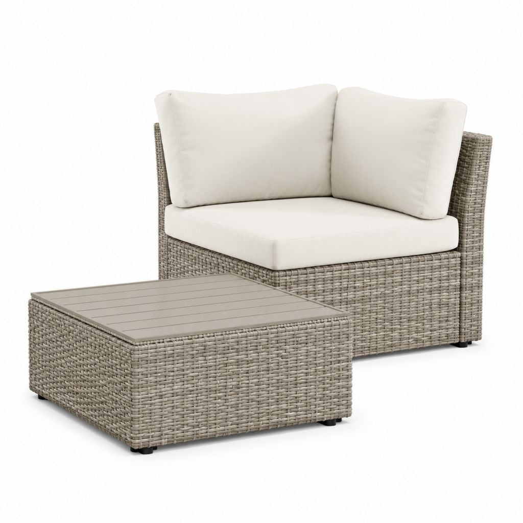 Set salotto da giardino 2 pezzi grigio tortora in rattan PE con cuscini beige poltrona 87 x 87 x 82 cm tavolino quadrato 80 x 80 x 36 cm