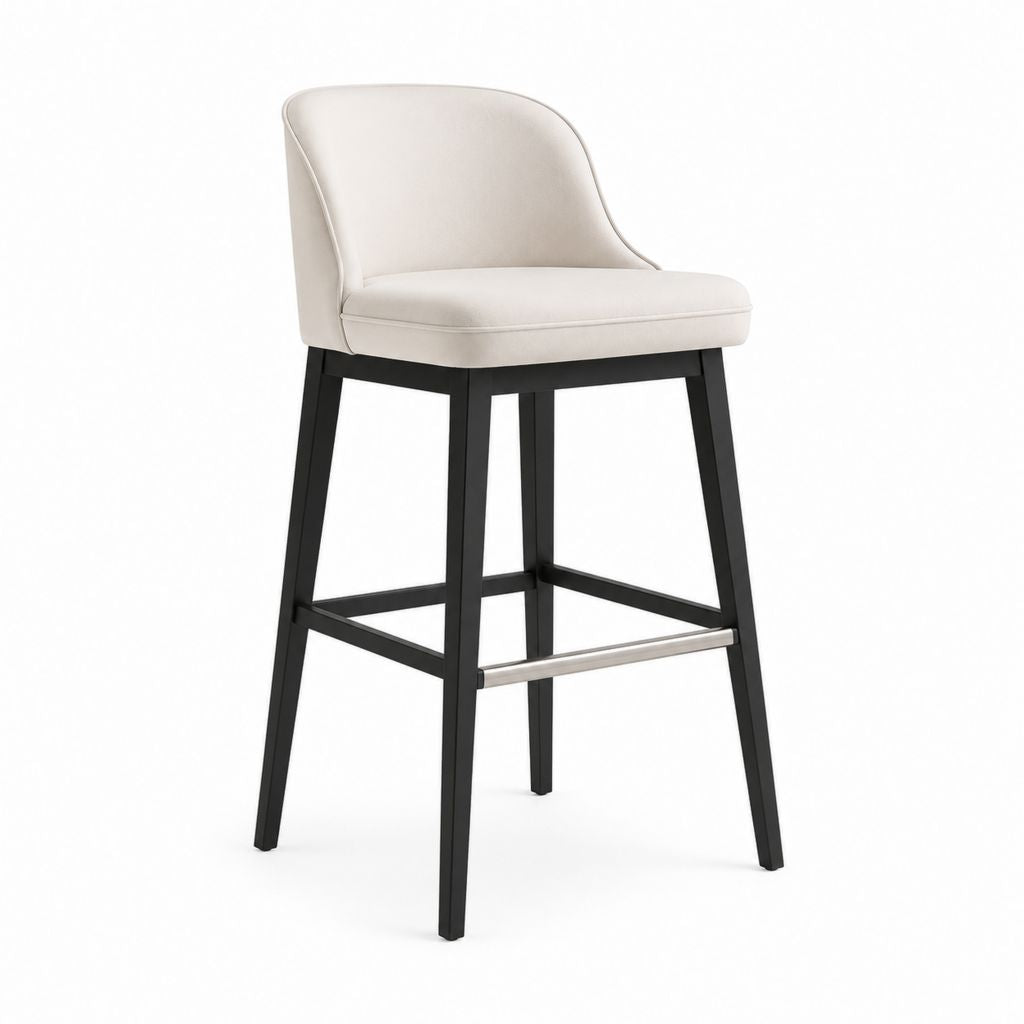 Sgabello da bar con schienale crema in poliestere e legno massello 52 x 55 x 100 cm