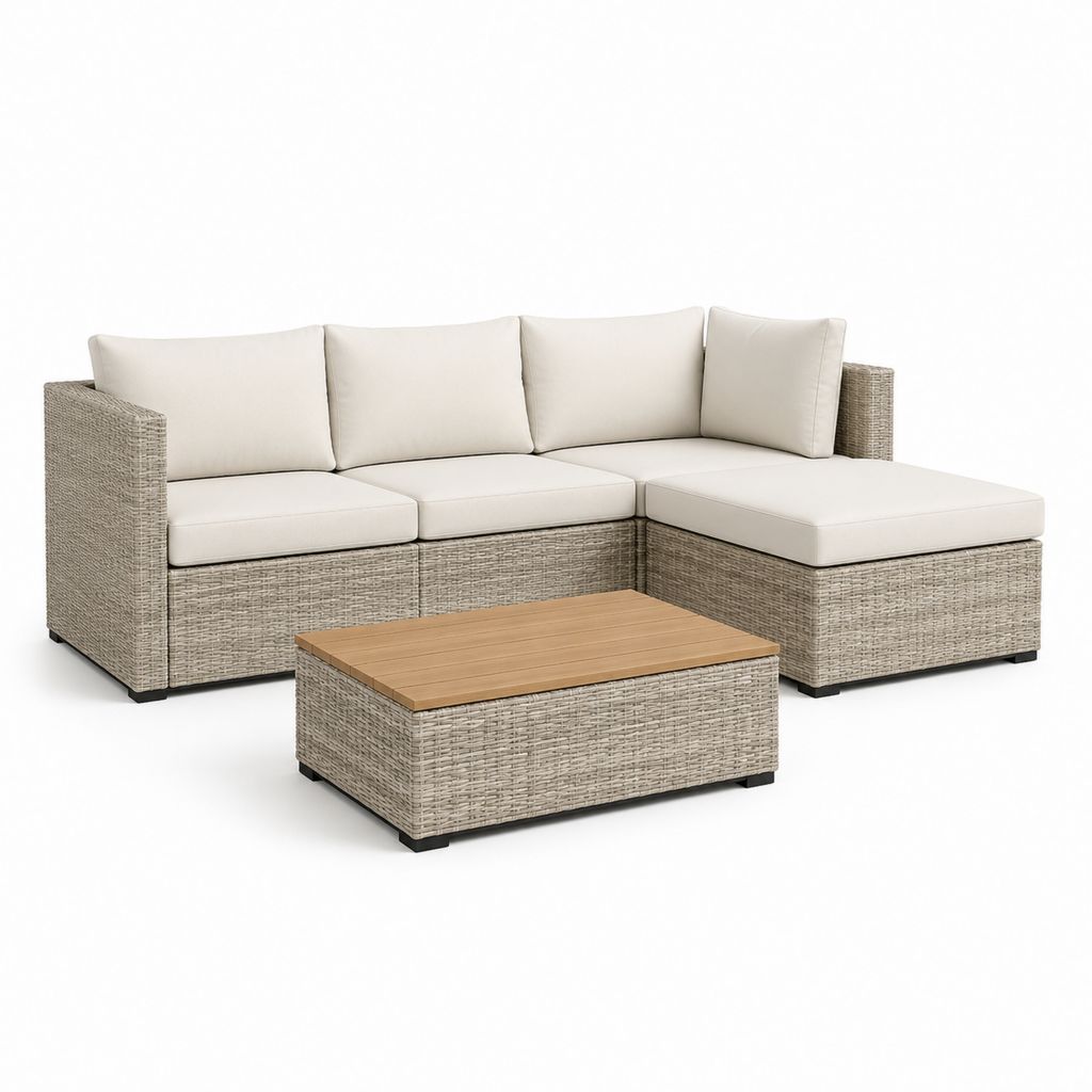 Set divano da giardino angolare con tavolino beige ecrù in rattan PE 210 x 140 x 65 cm