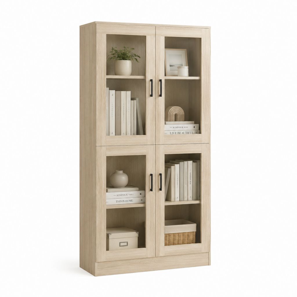 Vetrina libreria 4 ante in vetro e pannelli truciolari rovere chiaro 80 x 40 x 190 cm
