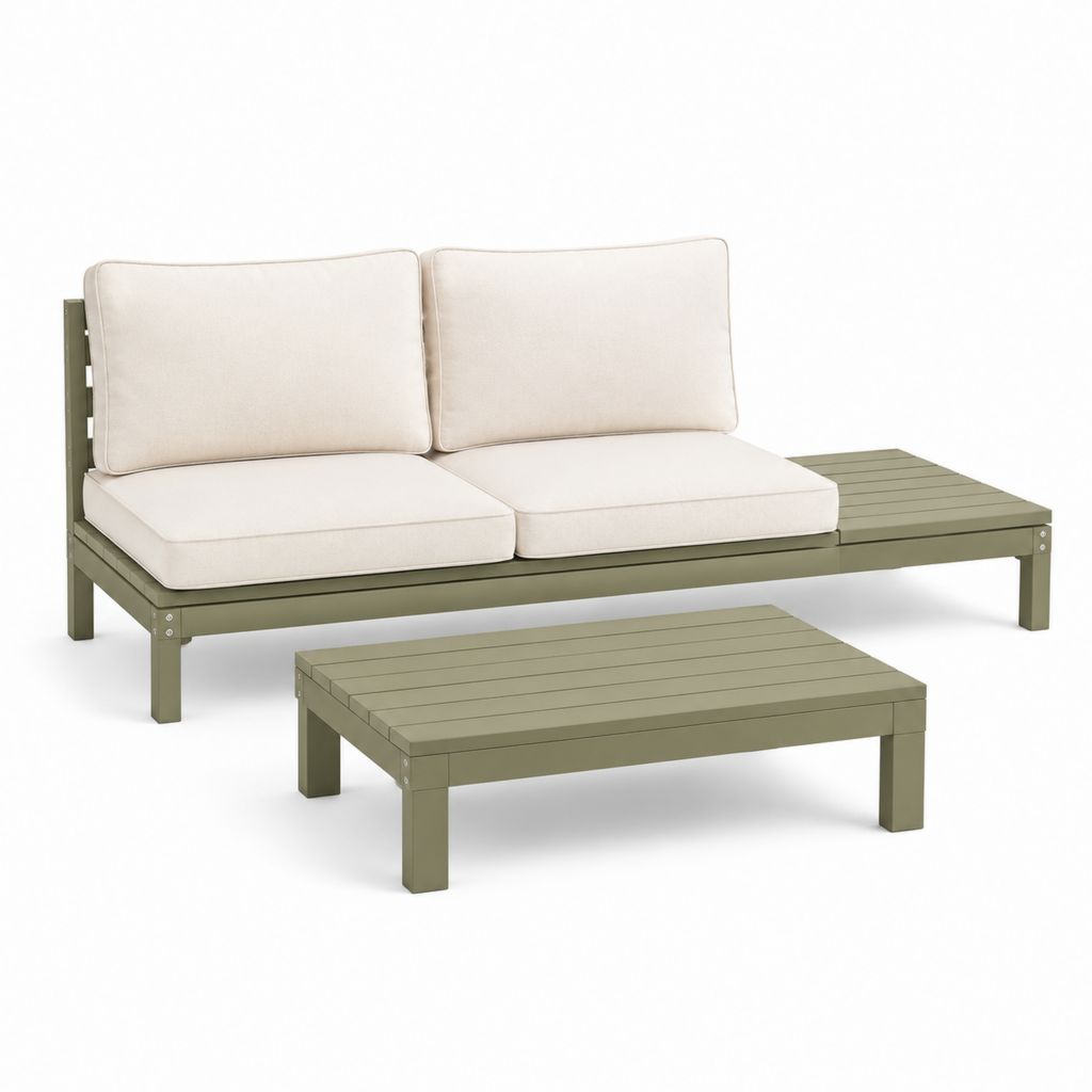 Set divano da giardino 2 posti con tavolino verde oliva e bianco crema in alluminio e poliestere forma rettangolare 200 x 75 x 70 cm