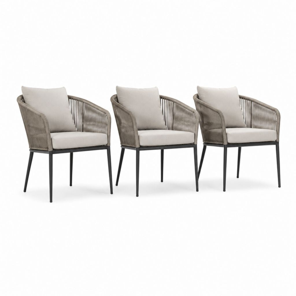 Set di 3 sedie da giardino beige in corda PE e acciaio con cuscini 56 x 60 x 82 cm