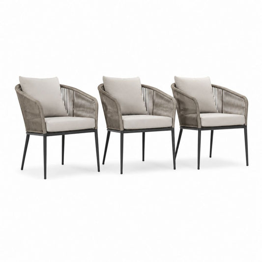 Set di 3 sedie da giardino beige in corda PE e acciaio con cuscini 56 x 60 x 82 cm