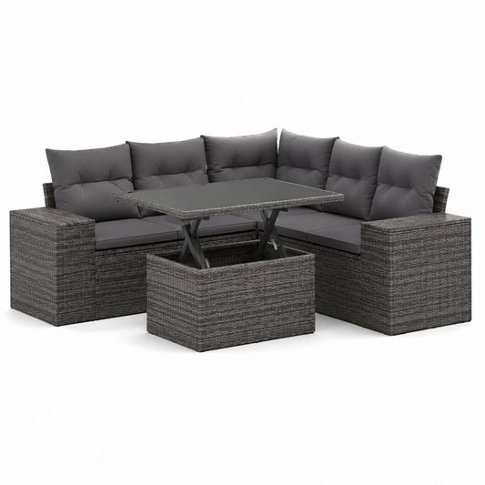 Set divano da giardino angolare grigio in polyrattan con tavolo elevabile 220 x 170 x 65 cm