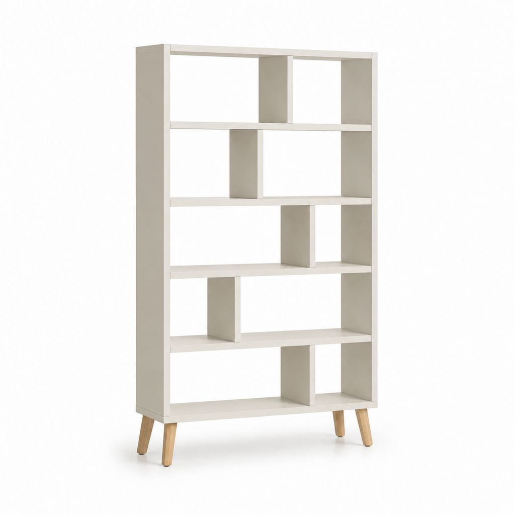 Libreria a giorno rettangolare bianca in truciolare nobilitato con piedi in pino massello 80 x 30 x 180 cm