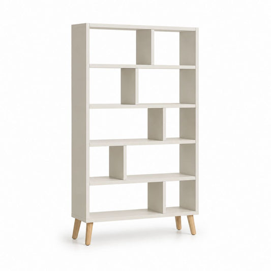 Libreria a giorno rettangolare bianca in truciolare nobilitato con piedi in pino massello 80 x 30 x 180 cm