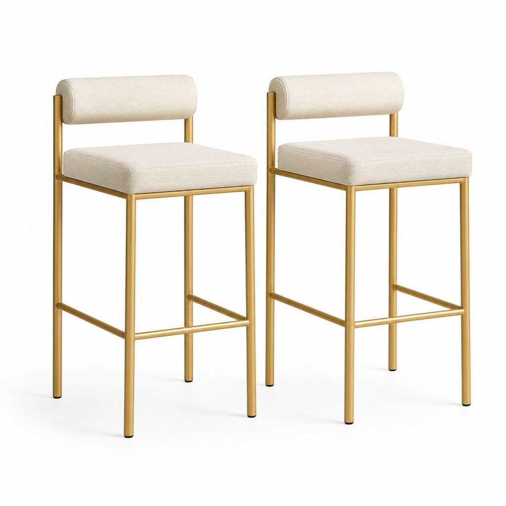 Set di 2 sgabelli da bar beige in poliestere e acciaio dorato con schienale 48 x 52 x 96 cm