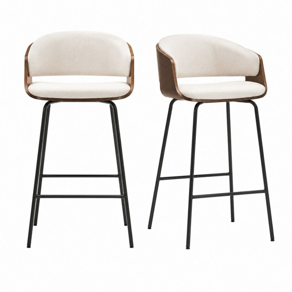 Set 2 sgabelli da bar con schienale beige e noce in multistrato 52 x 54 x 100 cm